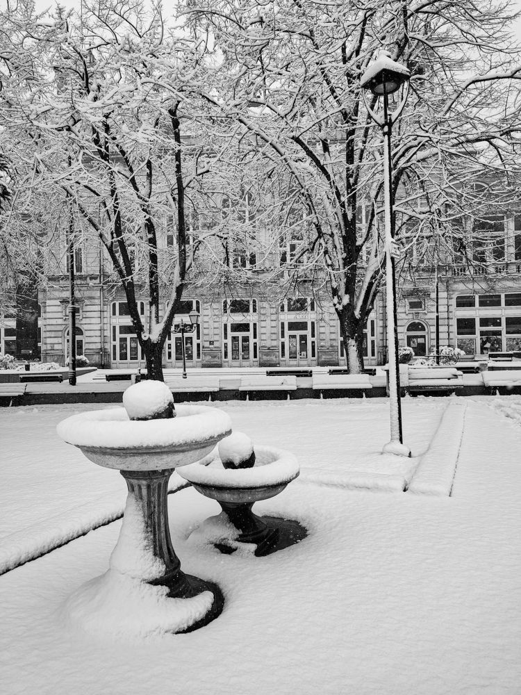 A drinking fountain covered by fresh snow