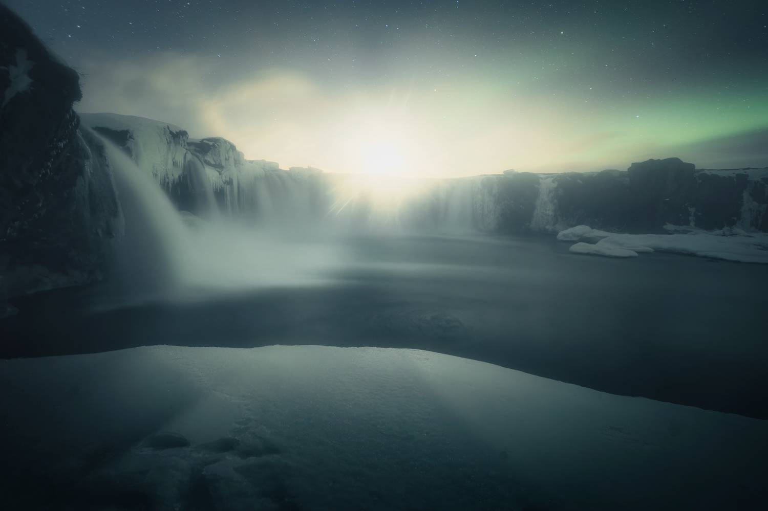 Moonset at Godafoss