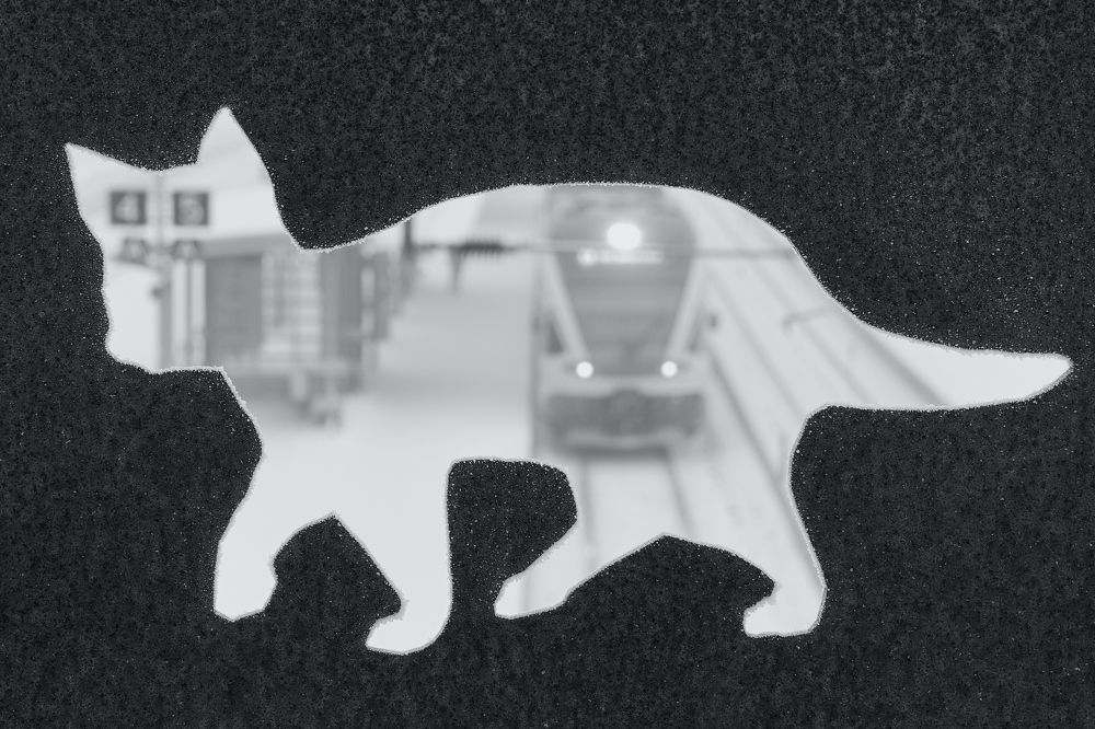 Взгляд сквозь элемент городского арта на железнодорожную станцию.