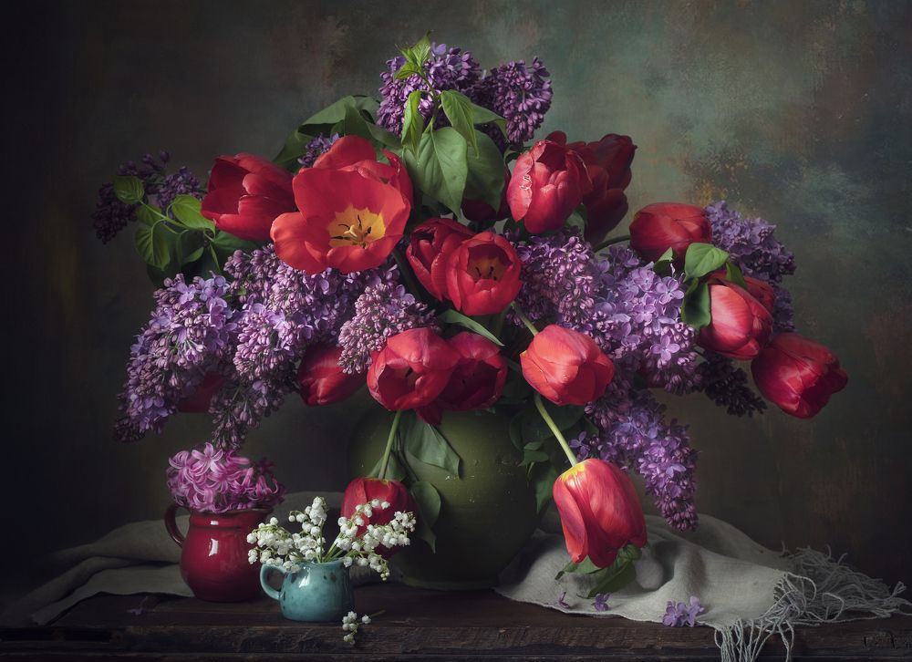 Still life with red tulips