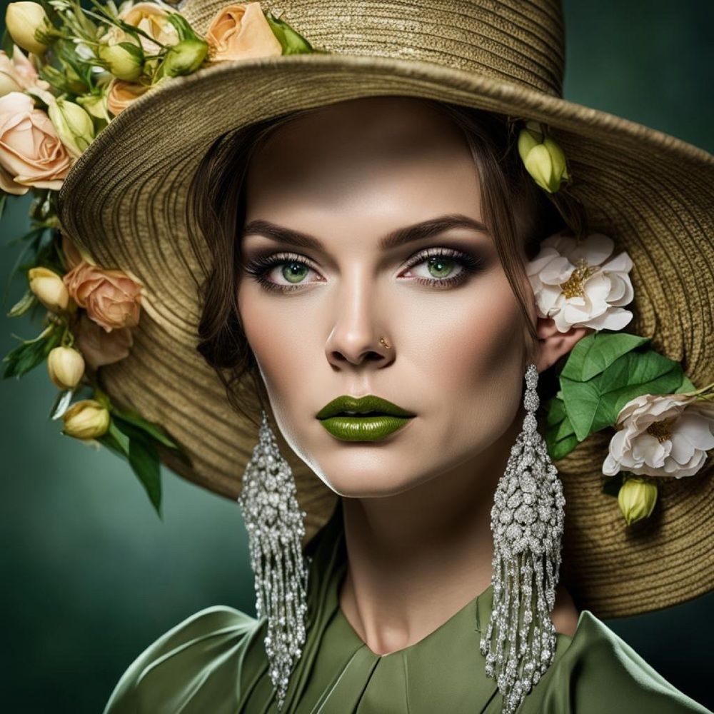 Woman in a hat with green lips