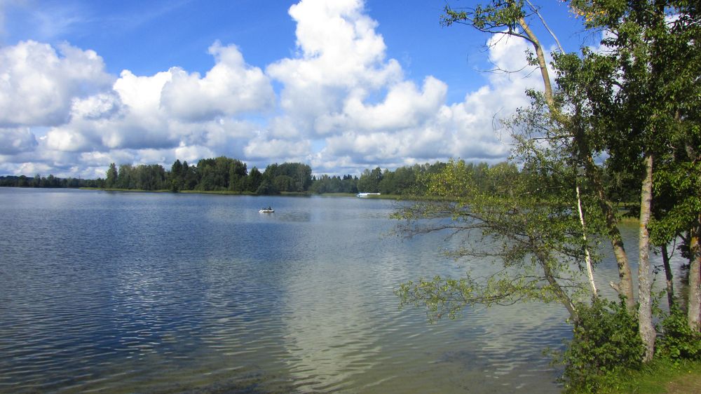 Пейзаж спокойного озера на фоне облачного неба