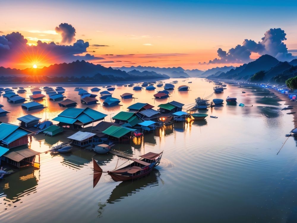 Sunrise in Fishing village.