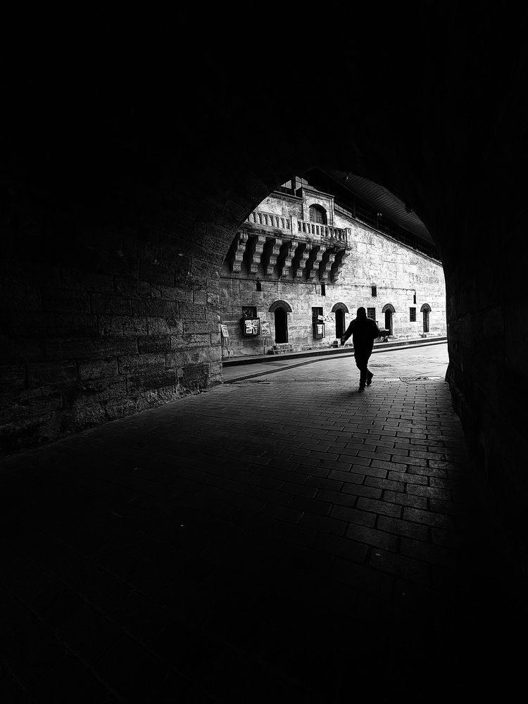 The magnificence of old architecture in the shadow and people