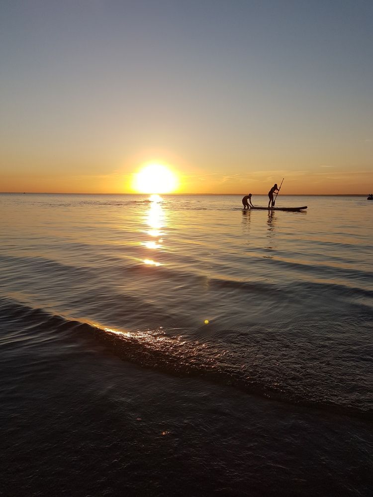 Happy couple paddle boarding at lake during sunset together