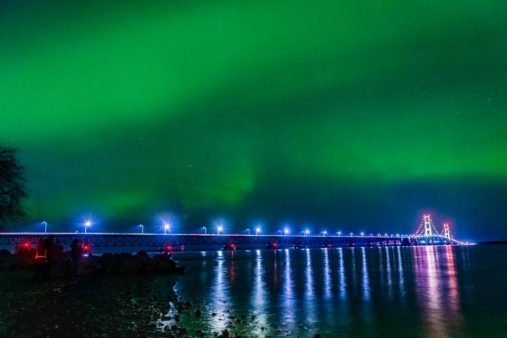 Nothern Lights Spanning Mackinac Bridge, Michigan