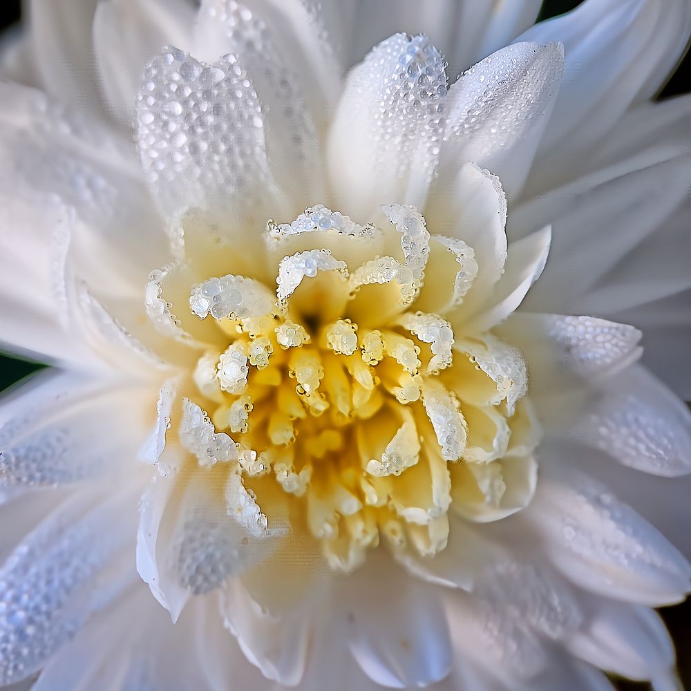 Macro Shot of a White Dew Kissed Chrysanthemum