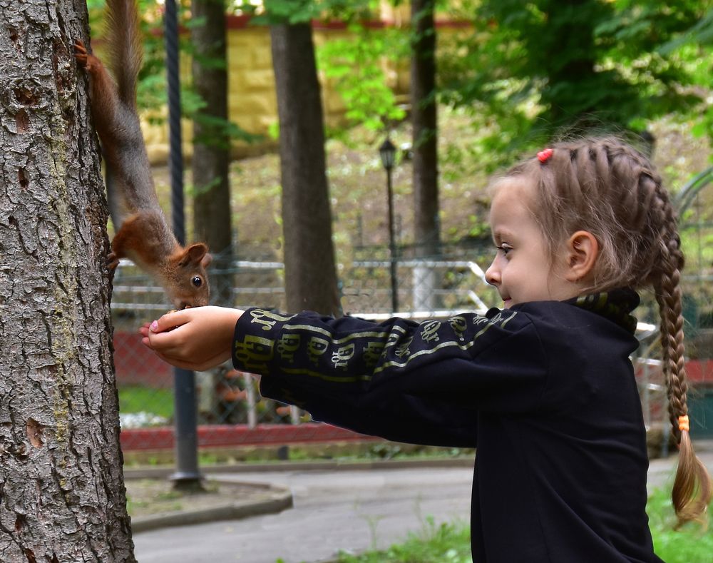 Девочка и белочка.