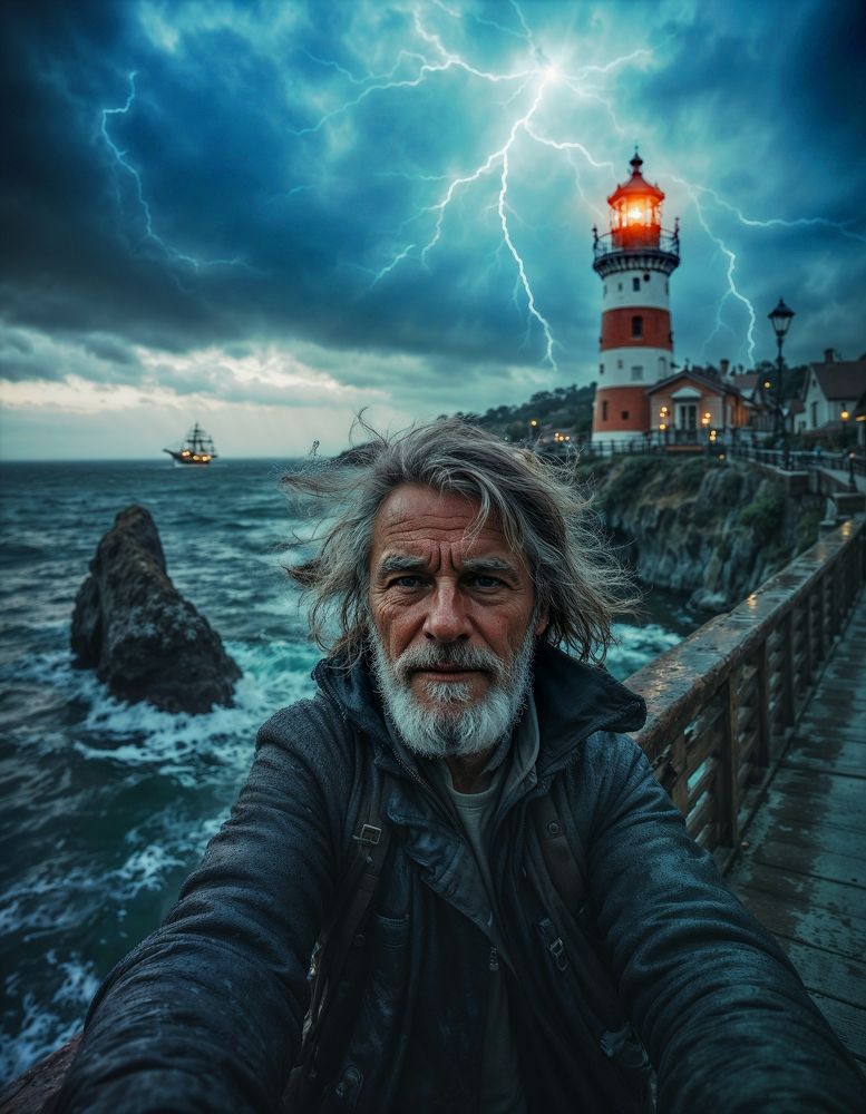 Селфи с маяком и молнией