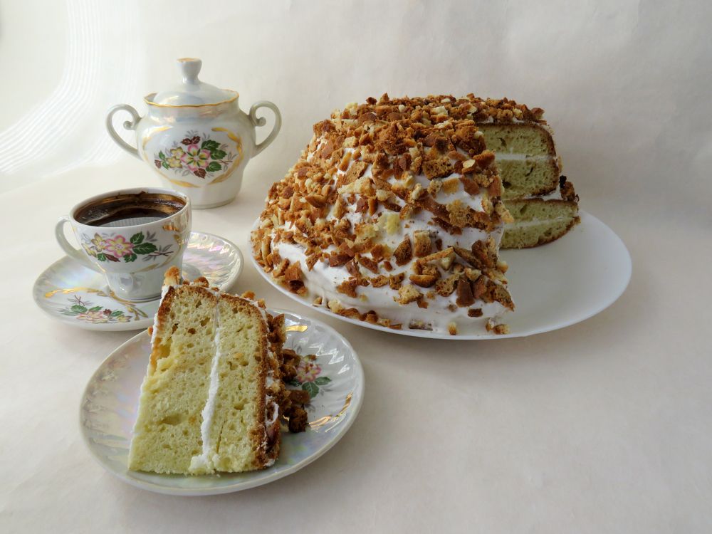 Porcelain coffee cup and sponge cake