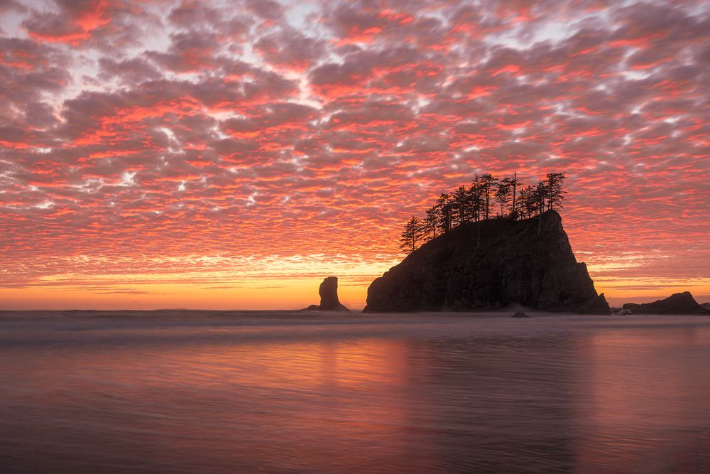 Vibrant Sunset at La Push Second Beach with Fiery Sky and Sea Stack Silhouette