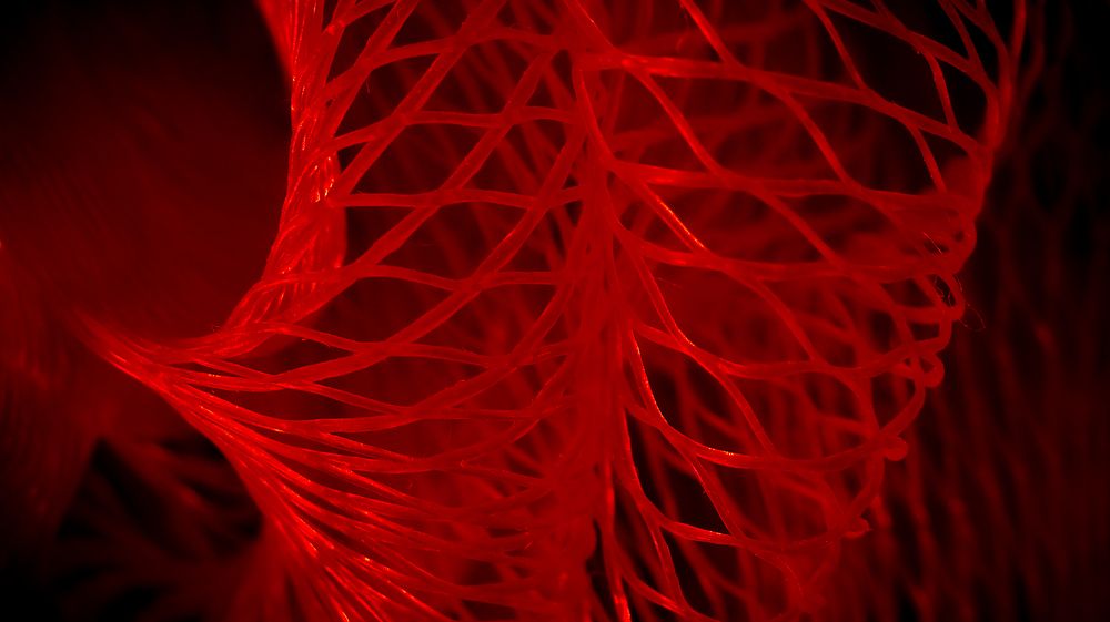 Close up of a red nylon washcloth