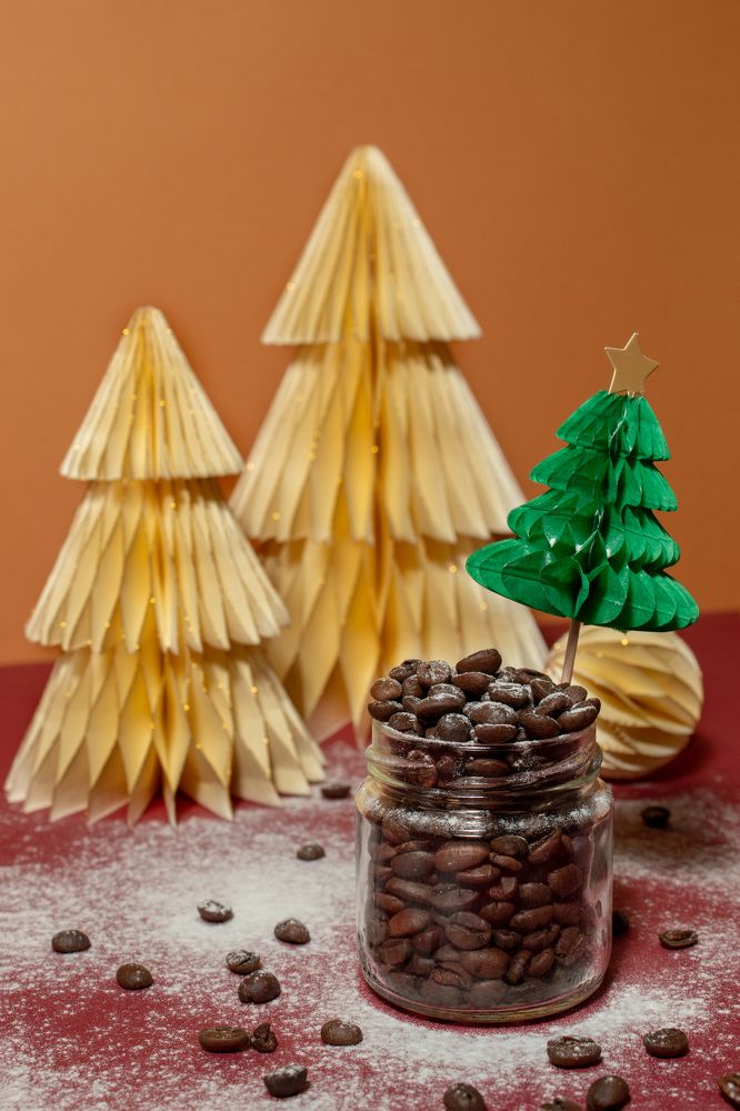 Baked coffee in winter decoration.