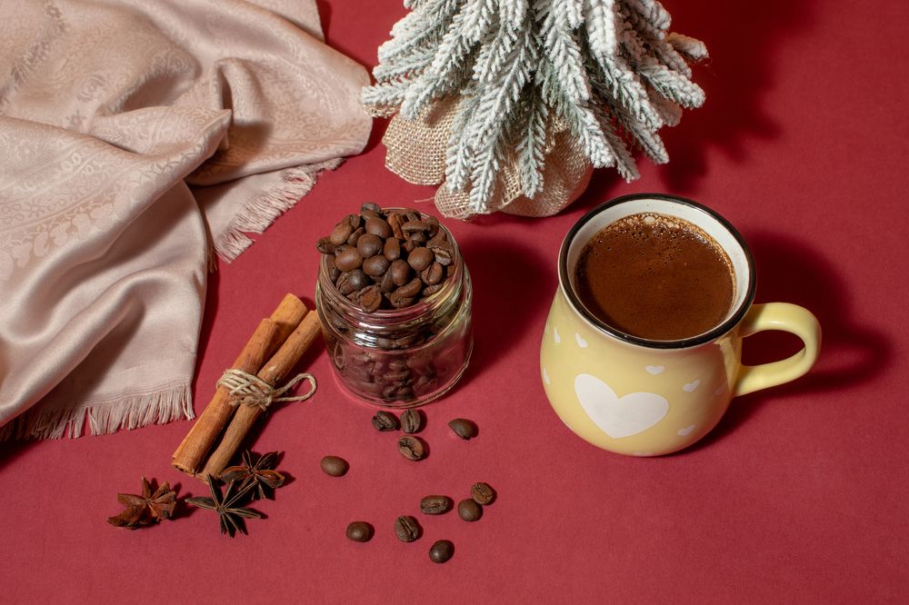 Coffee in winter decoration.