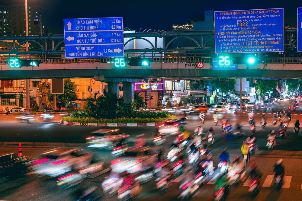 Ho Chi Minh City Night Traffic: A Vibrant Intersection of Lights and Motion