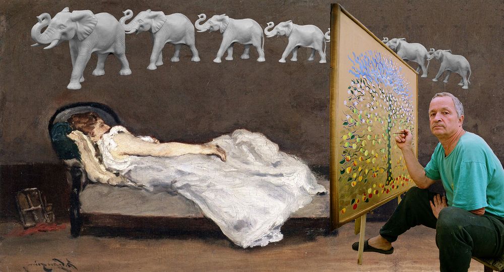 Оммаж ,, Художник Поддубный пишущий картину о Рае и семь слонов проплывающих мимо.