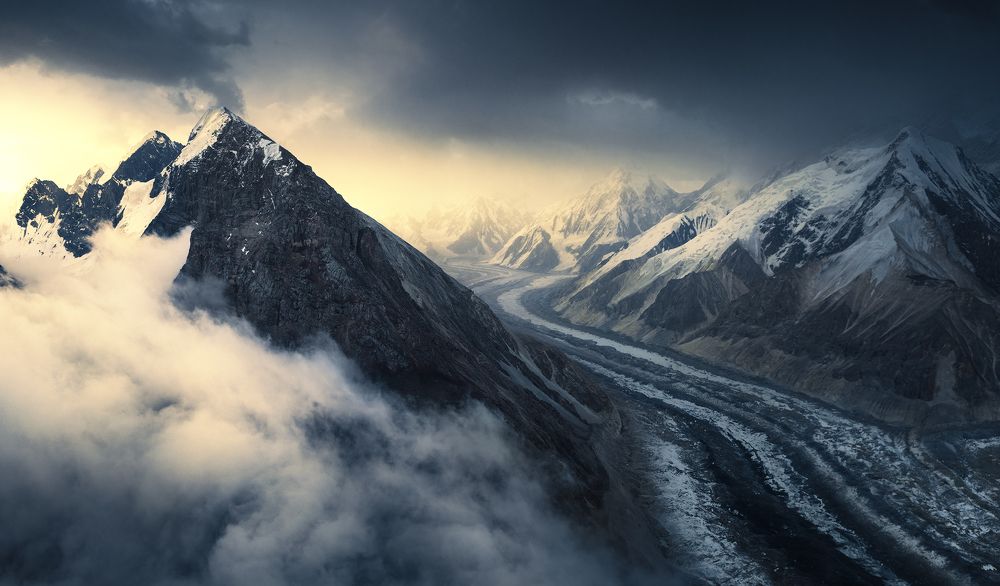 Mountain forest and ancient glacier