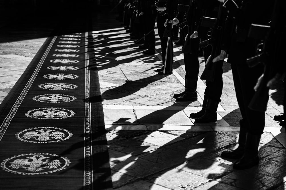 Greek soldiers lined up in a military parade