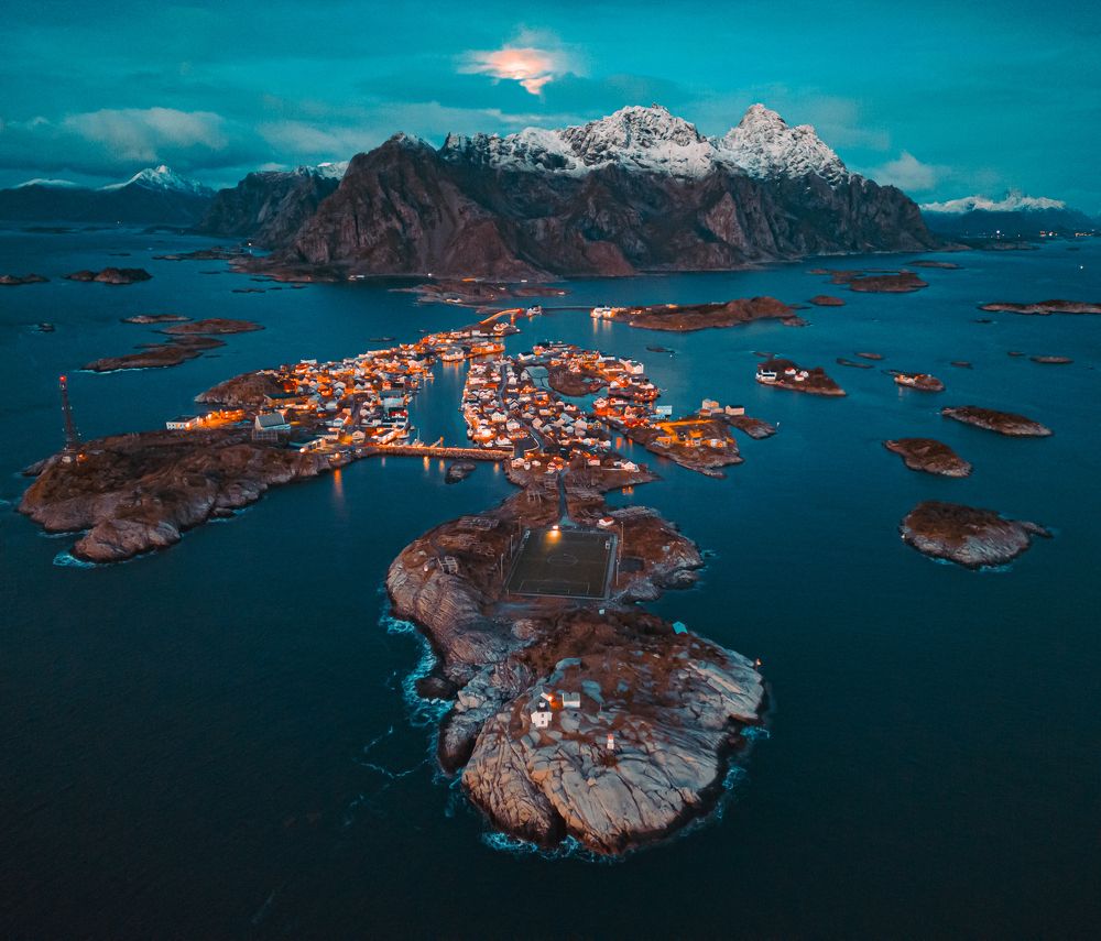Stunning view of Henningsvaer village and its famous football stadium