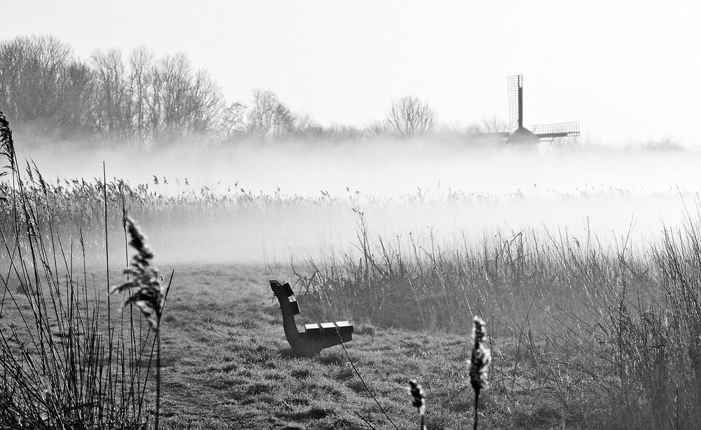 Mist langs het kanaal in Leeuwarden