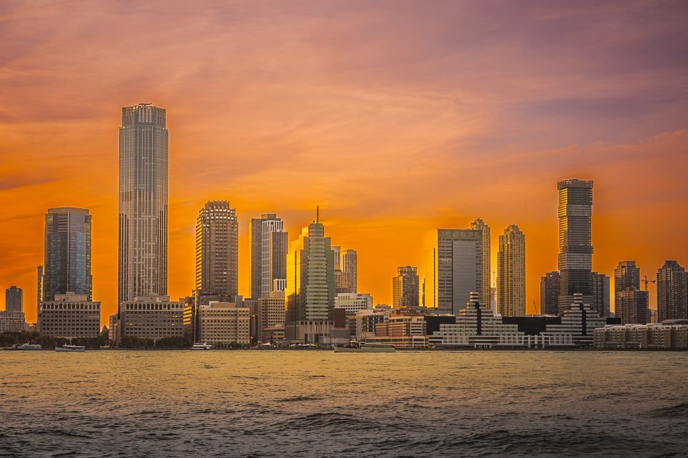 Jersey city in the evening glow of the sunset.