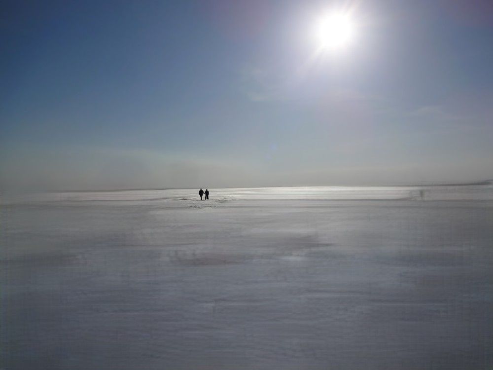 A guy and a girl in warm clothes walking in a snow covered field