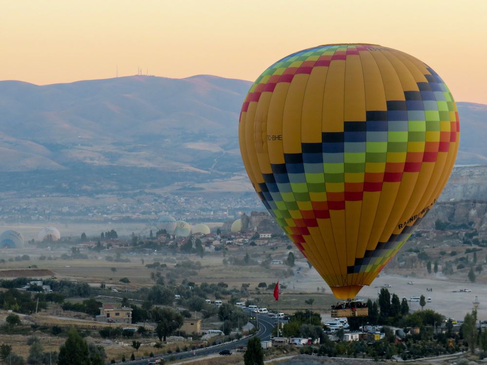 Bright hot air balloon over Goreme