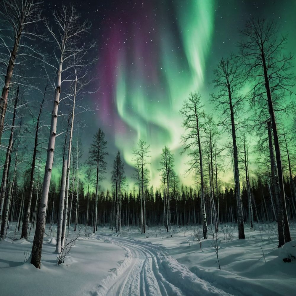 Winter forest and northern lights