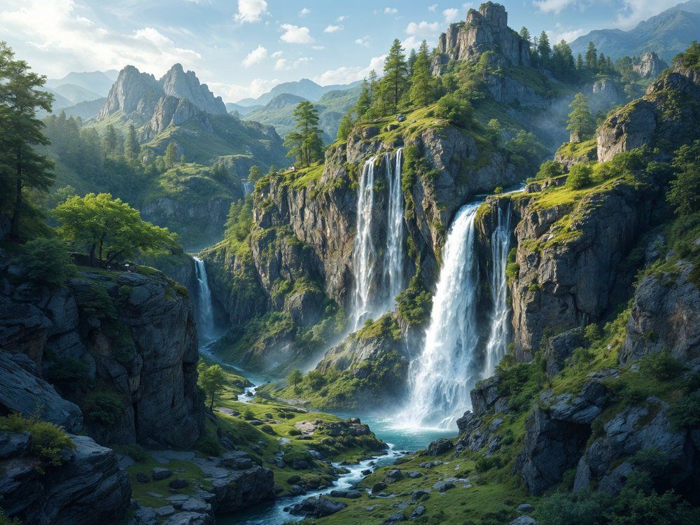 Горный пейзаж с водопадом