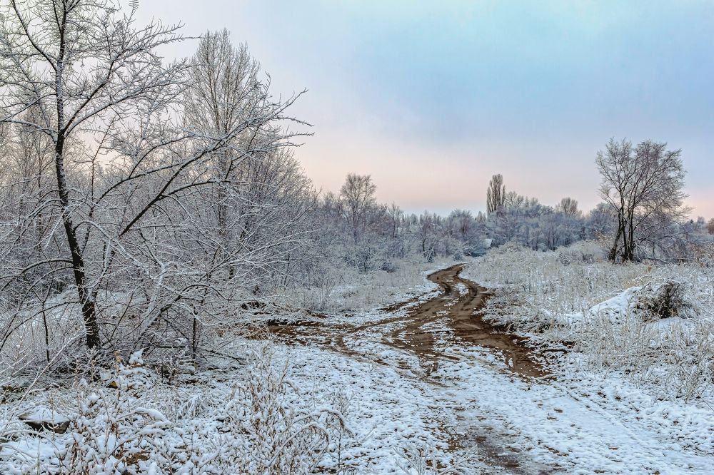 Влаль по дороге, зимним утром.