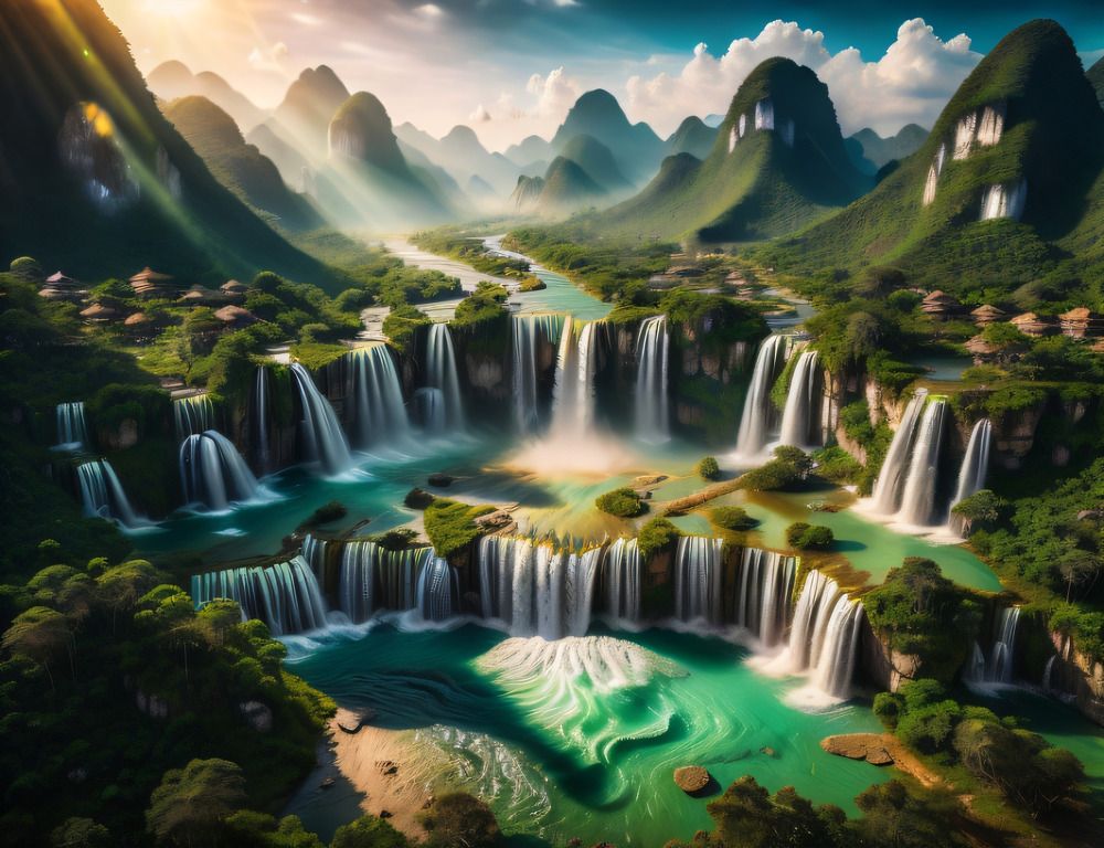 Ban Gioc Waterfall in afternoon sunshine