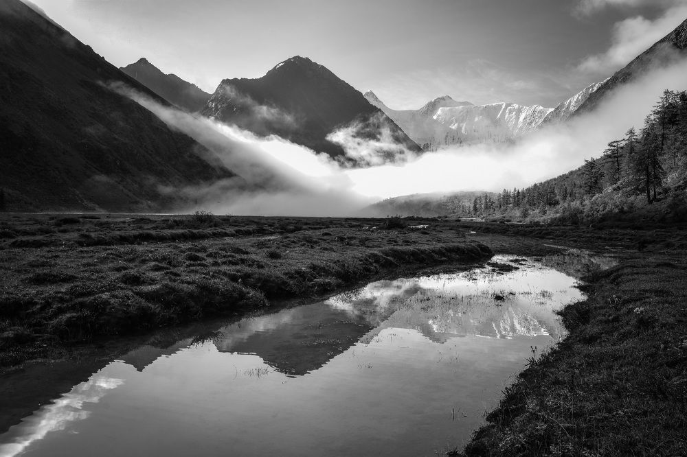 Утренний туман в горах Алтая