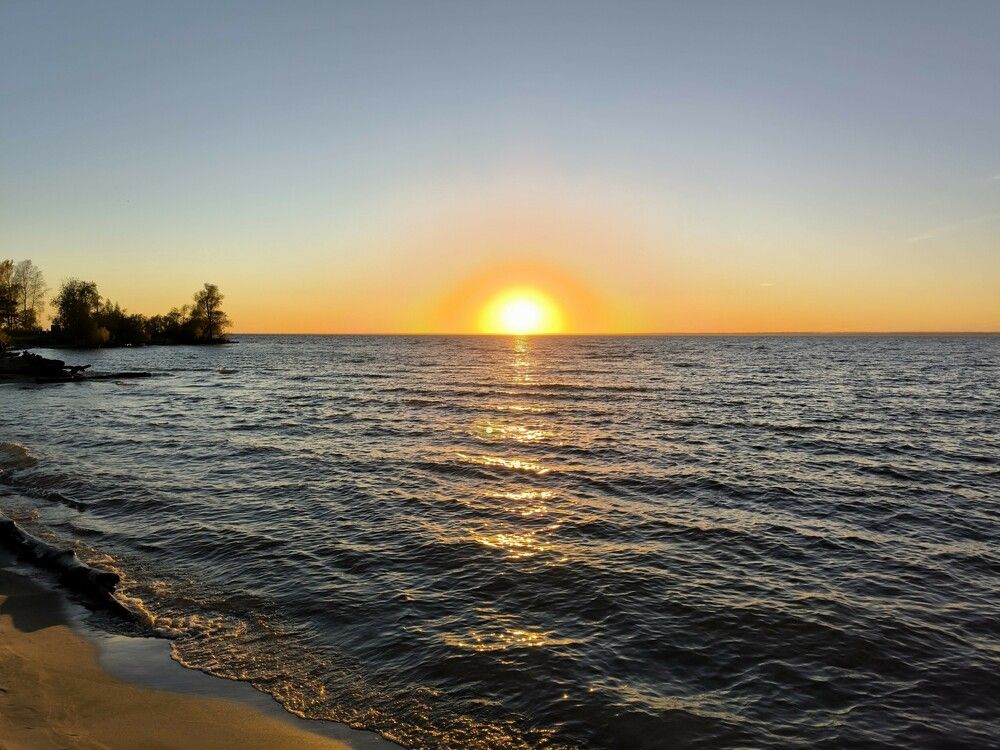 Закат на водоёме с деревьями на горизонте