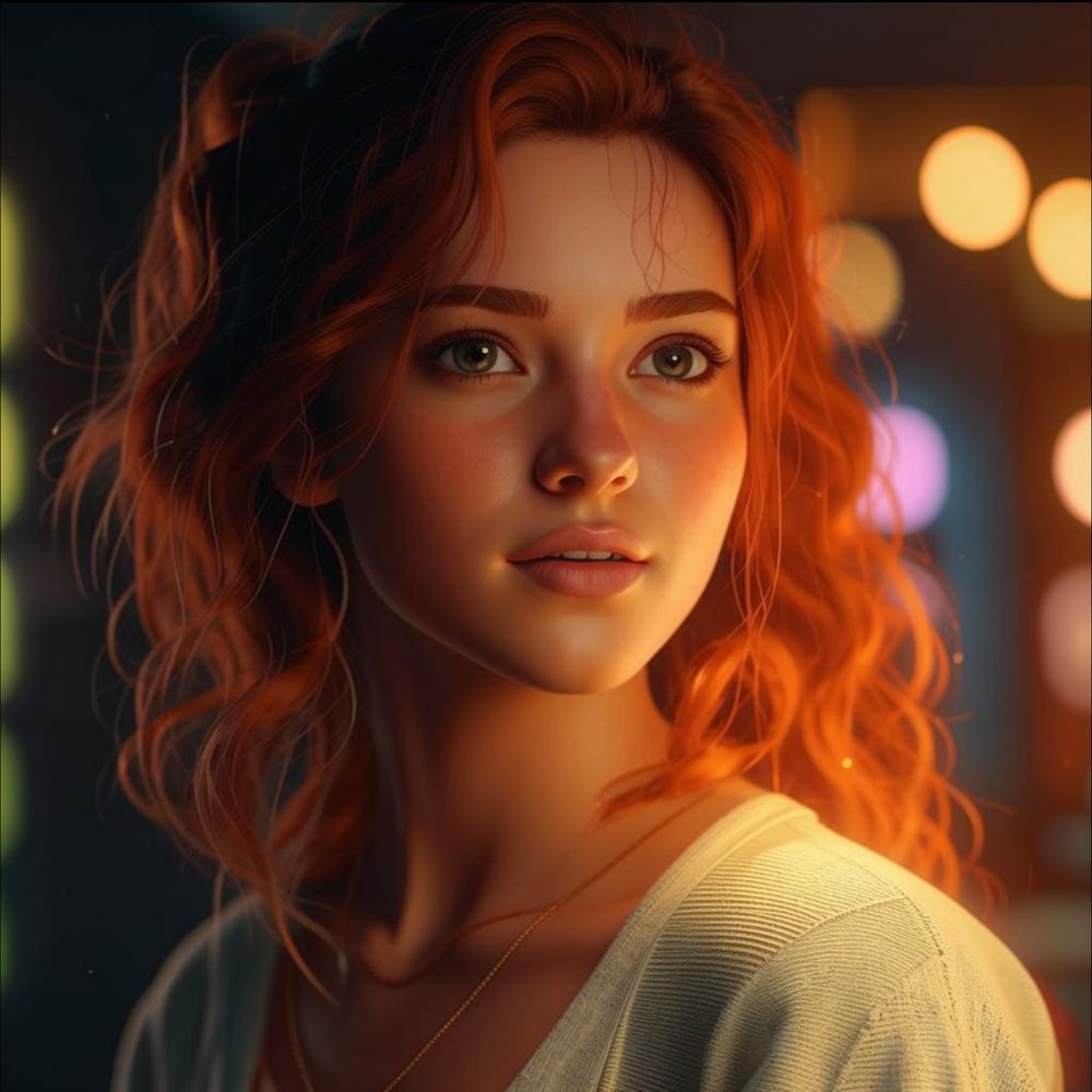 Smiling happy woman curly red hair