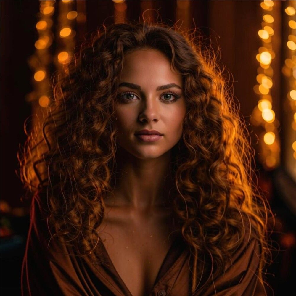 The beautiful face of a young woman with long wavy hair against a background of golden lights