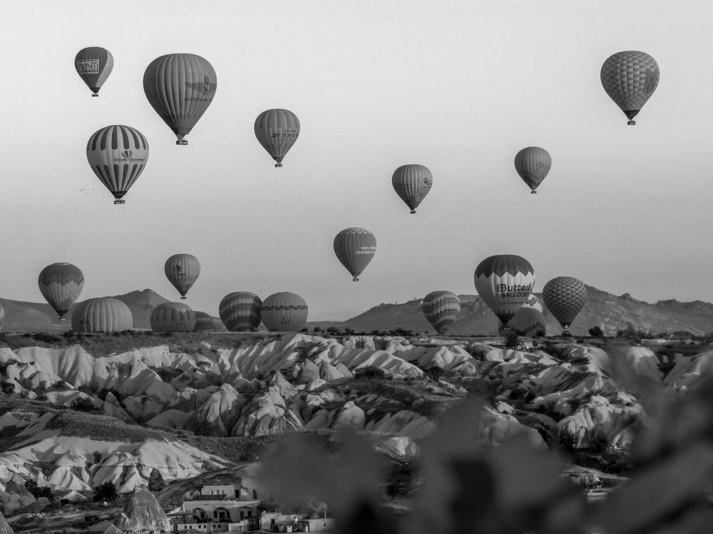 Hot air balloons over the valley in Cappadocia