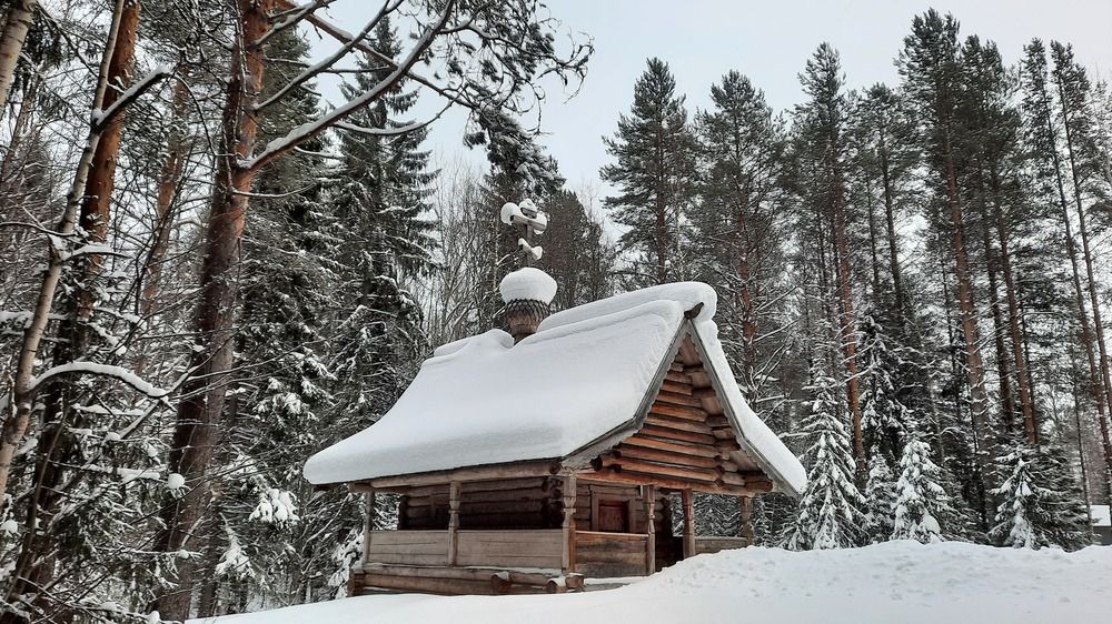 Часовенка в зимнем лесу.(В музее деревянного зодчества Малые Карелы под Архангельском.)