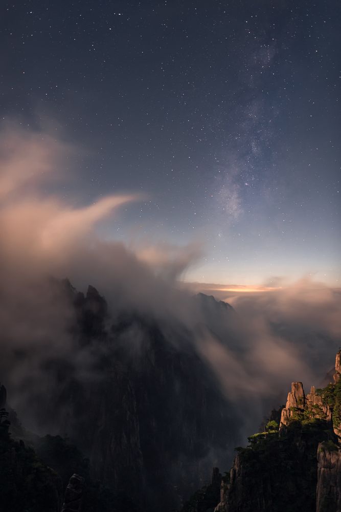 The Milky Way above Mount Huangshan under the moonlight