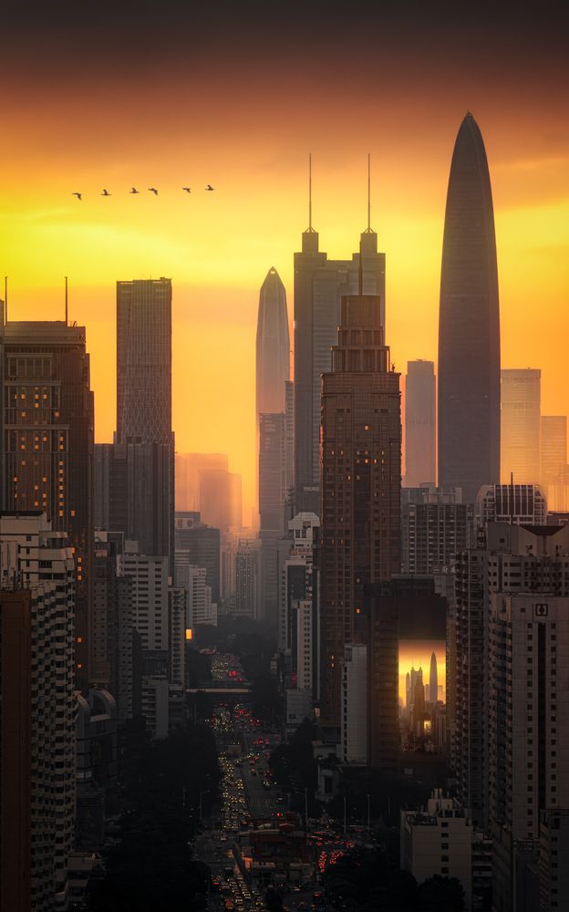 Golden Pulse: Shenzhen's Urban Rhythm at Dusk