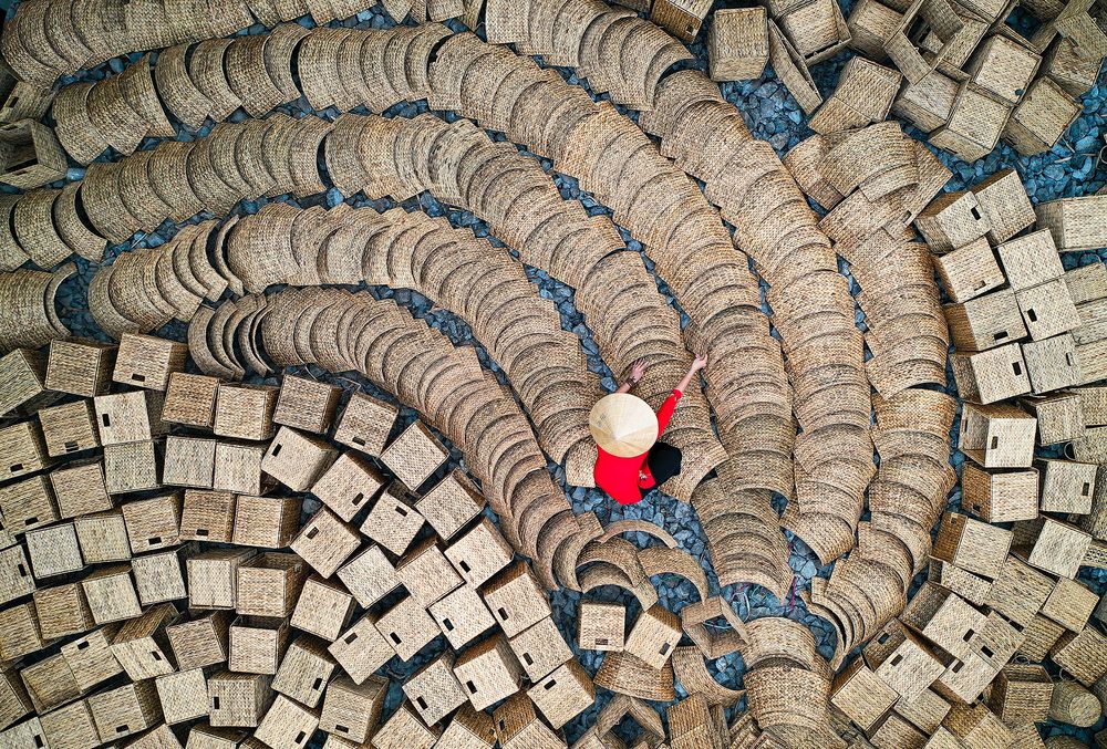 Water hyacinth baskets arranged for drying