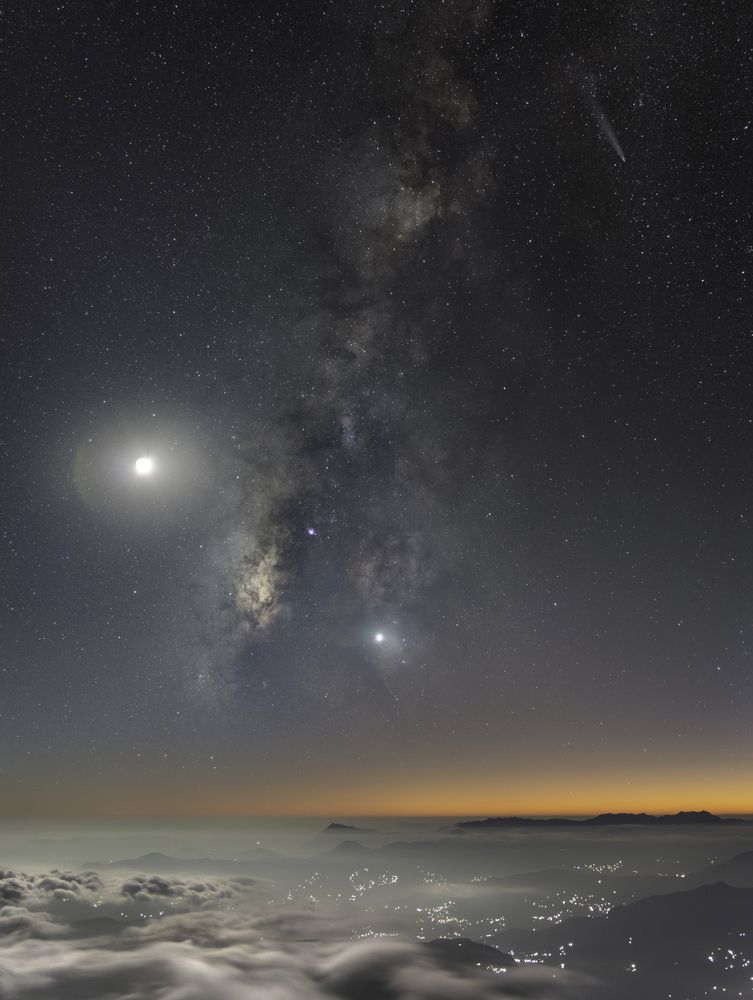 Milkyway, Comet ATLAS and Moon over Clouds