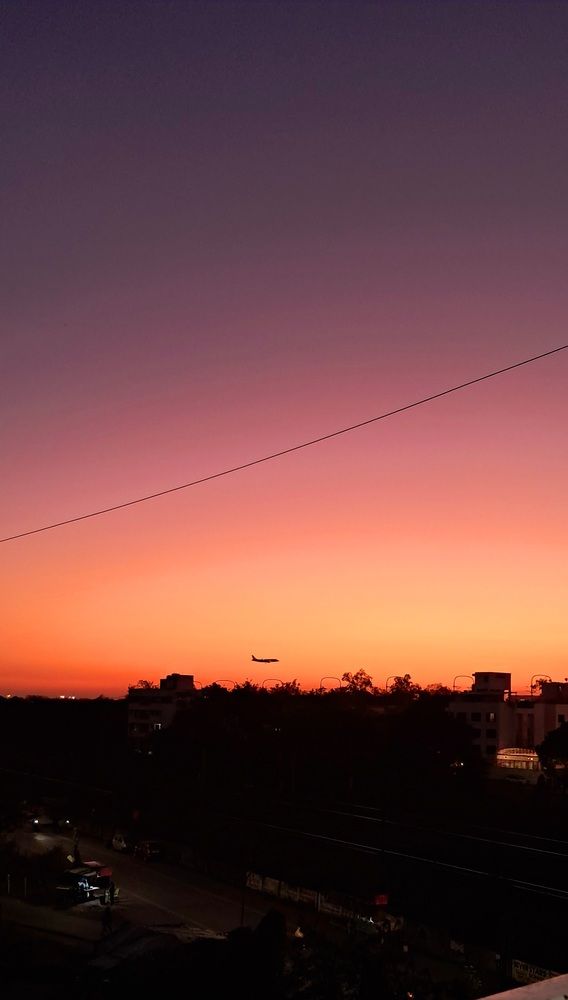 Flight landing with sunset