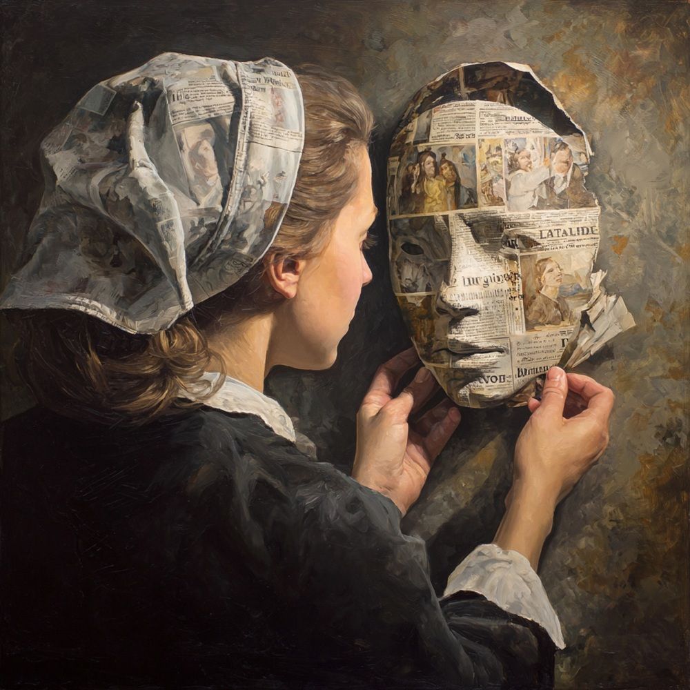 We think we\'re seeing the true face, but it\'s a mask. Мы думаем что видим истинное лицо, а это маска.