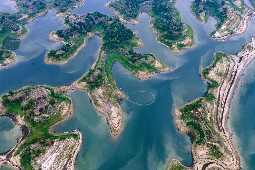 Aerial view of islands in Kaptai Lake in Rangamati District of Chittagong Division in Bangladesh.
