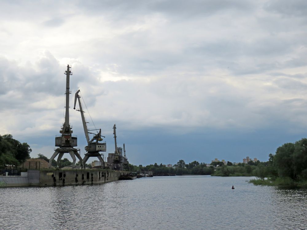 Port cranes on the banks of the Sozh River