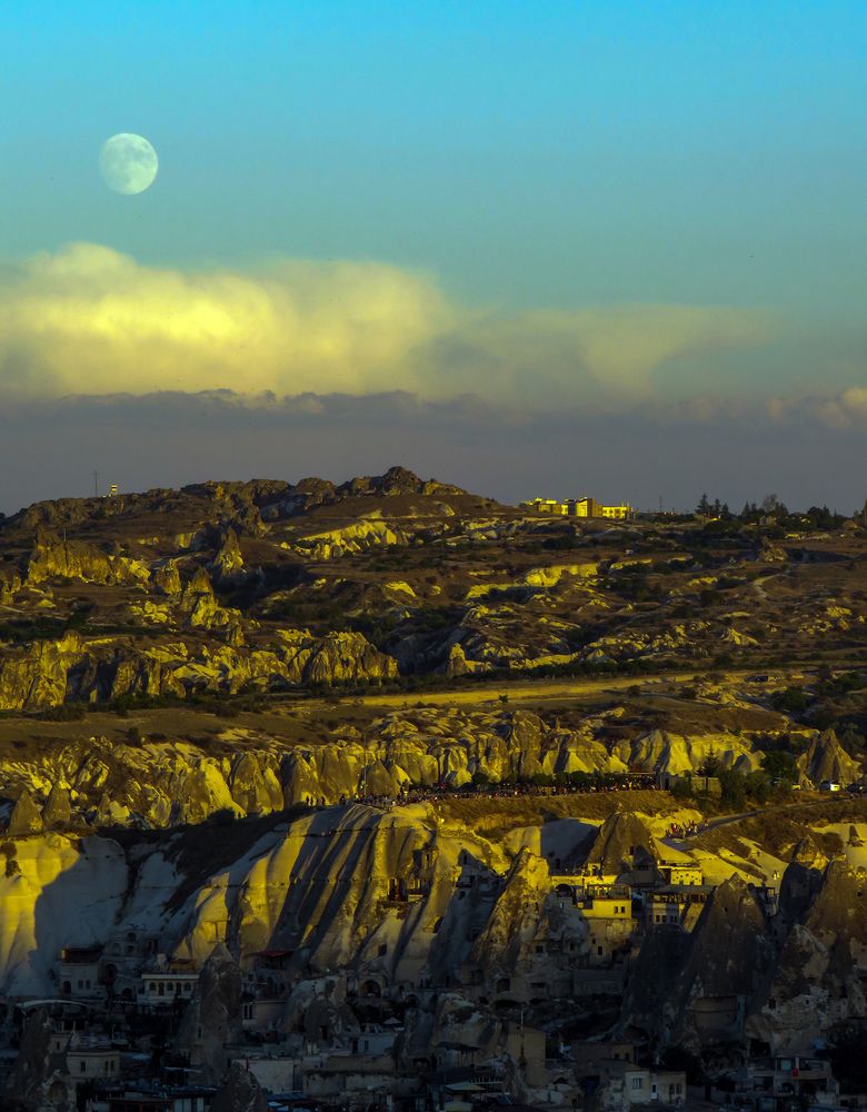 Moon over the valleys in Cappadocia