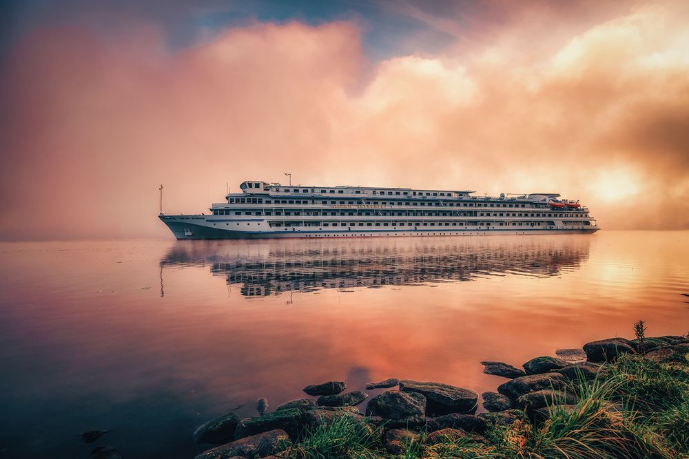 Ship on Volga River at Sunrise