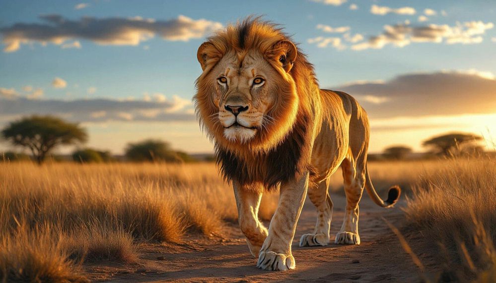 Лев гуляет по саванне.