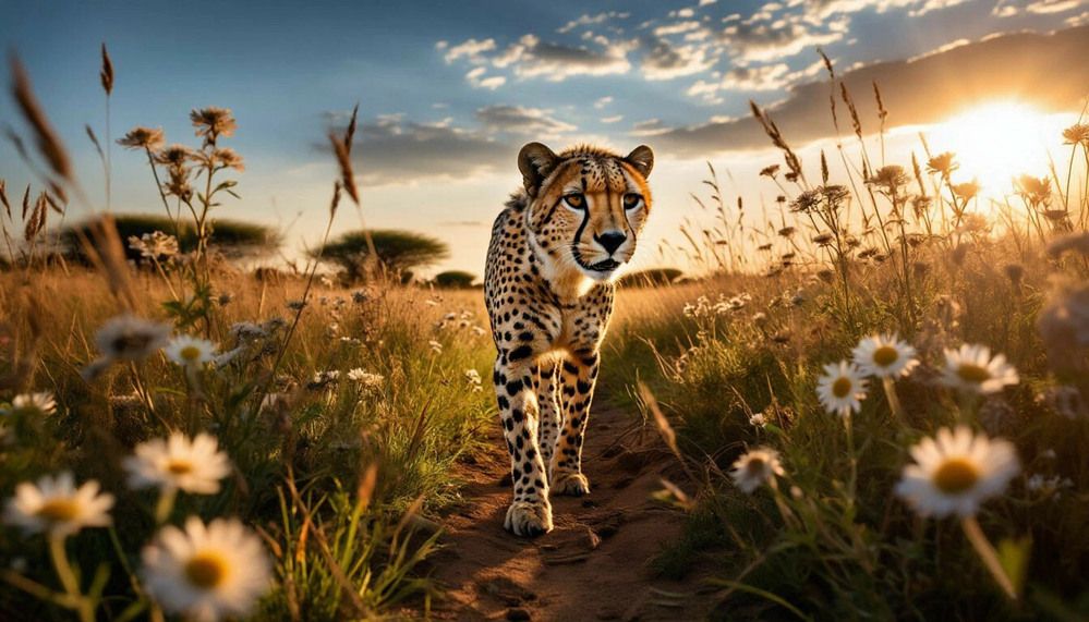 Гепард гуляет по саванне.