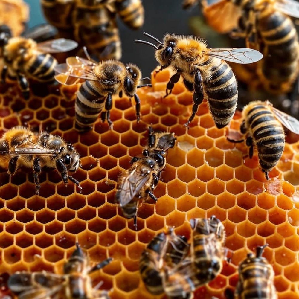 Close-up of bees and honeycombs